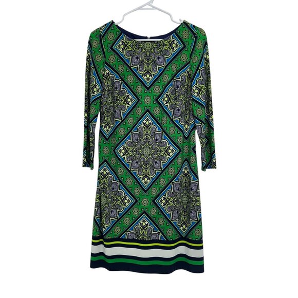 Vince Camuto Womens Green & Navy Geometric Print Sheat Dress Size 6 - Picture 2 of 12